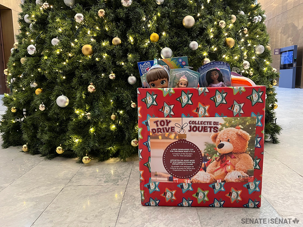 Donated toys wait to be picked up in the foyer of the Senate of Canada Building.