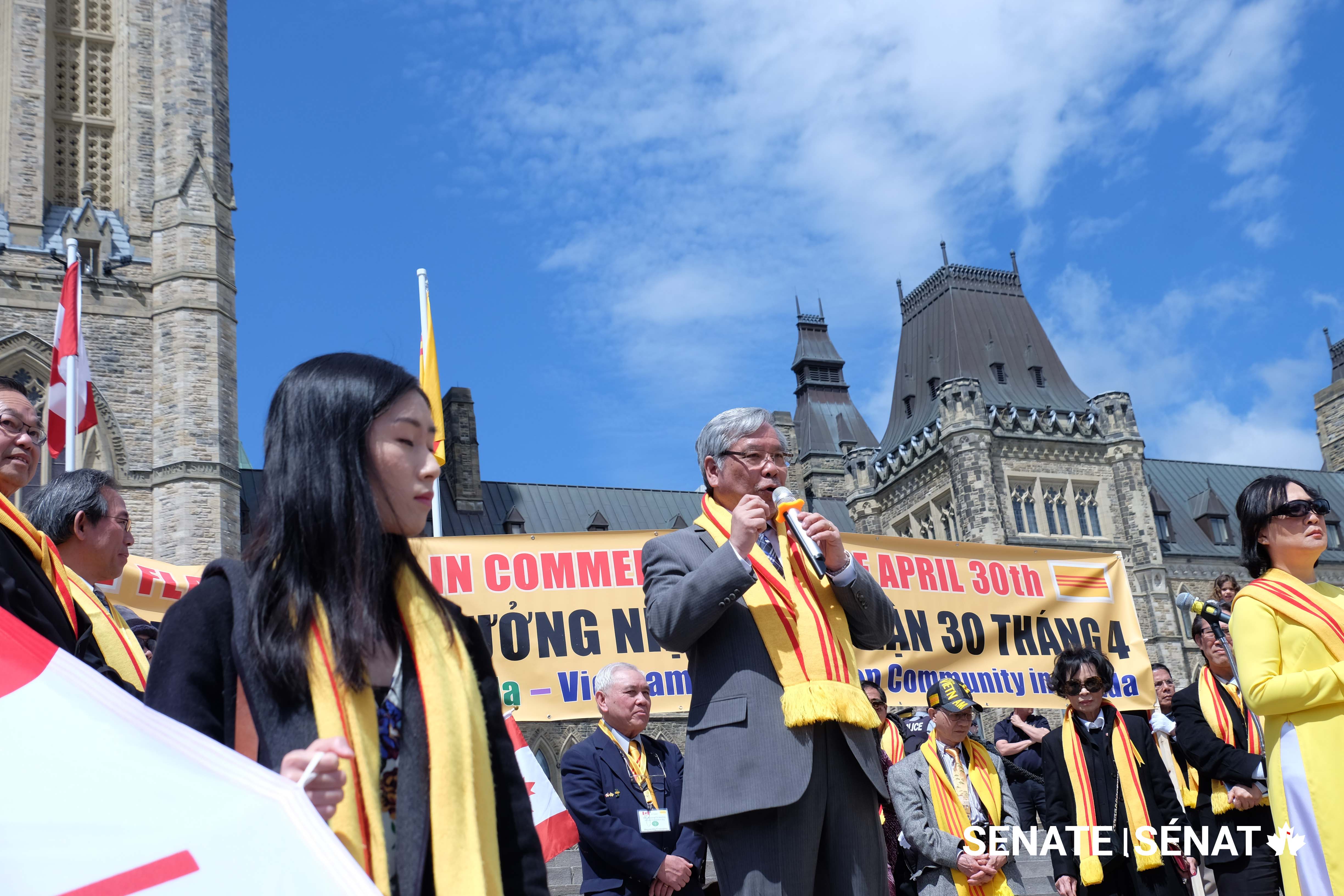 Senator Ngo speaks at the 2018 Journey to Freedom Day event. Senator Ngo continued to advocate for the rights of the South Vietnamese people to self-determination throughout his career, most recently in his November 2021 motion urging Canada to call for the International Conference on Viet-Nam to be reconvened.