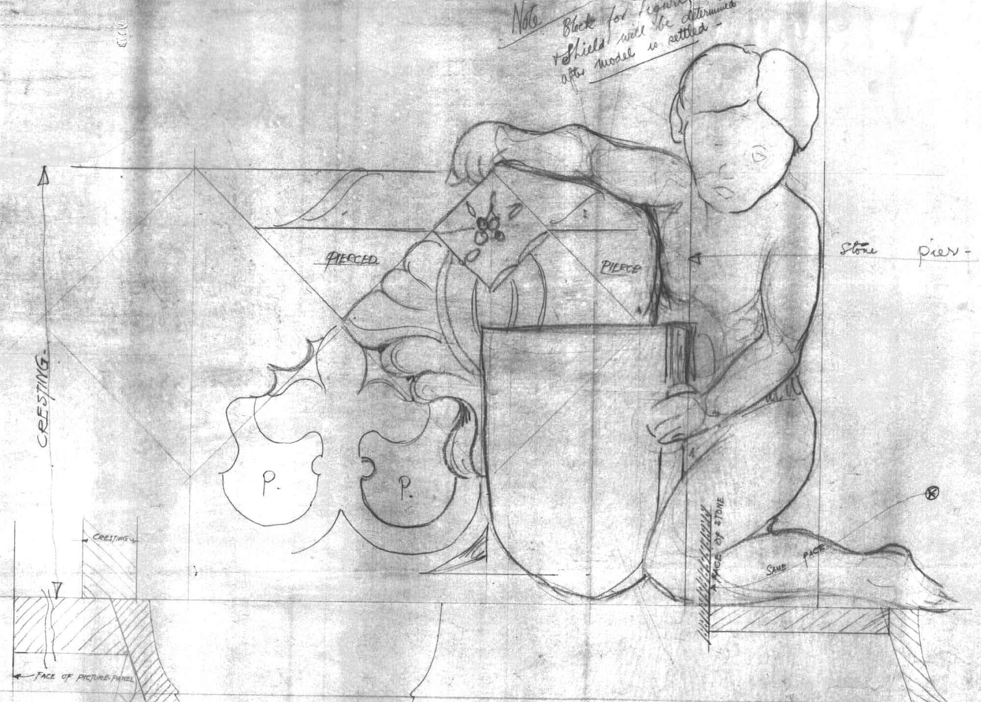 A line sketch from the 1920s depicts a cherub and the fretwork cresting in the Senate Chamber.