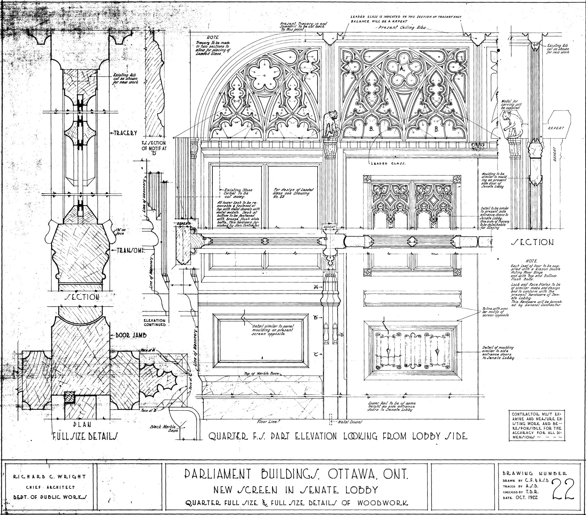 Conservators referenced existing original blueprints for the Senate Chamber in Centre Block to best understand Mr. Pearson’s vision of the woodwork and how it was assembled.