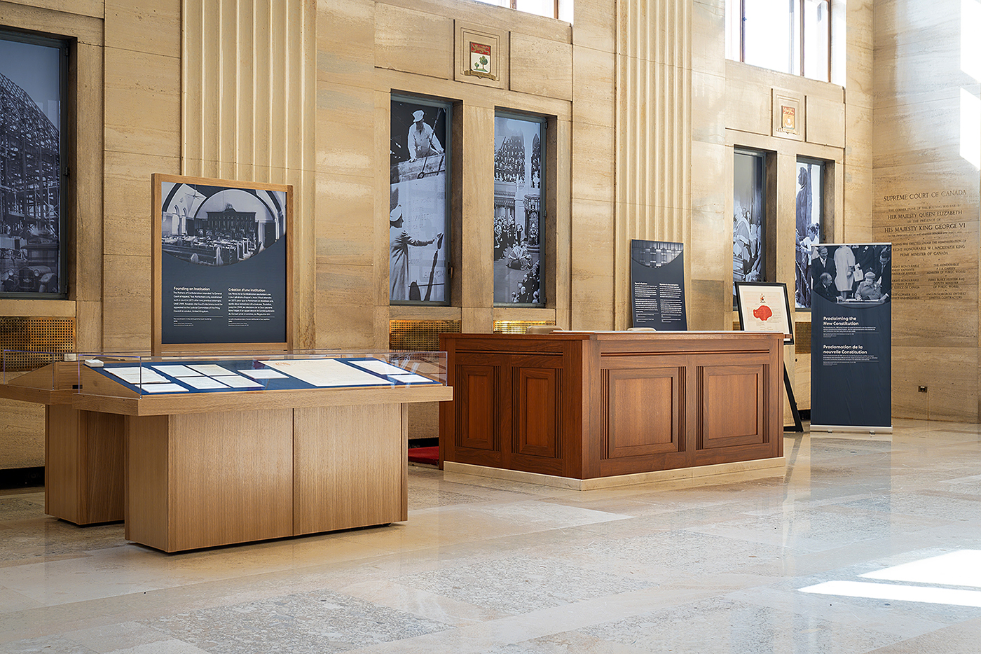 The exhibit, adjacent to the building’s public entrance, runs until October 10, 2025. (Photo credit: Supreme Court of Canada)