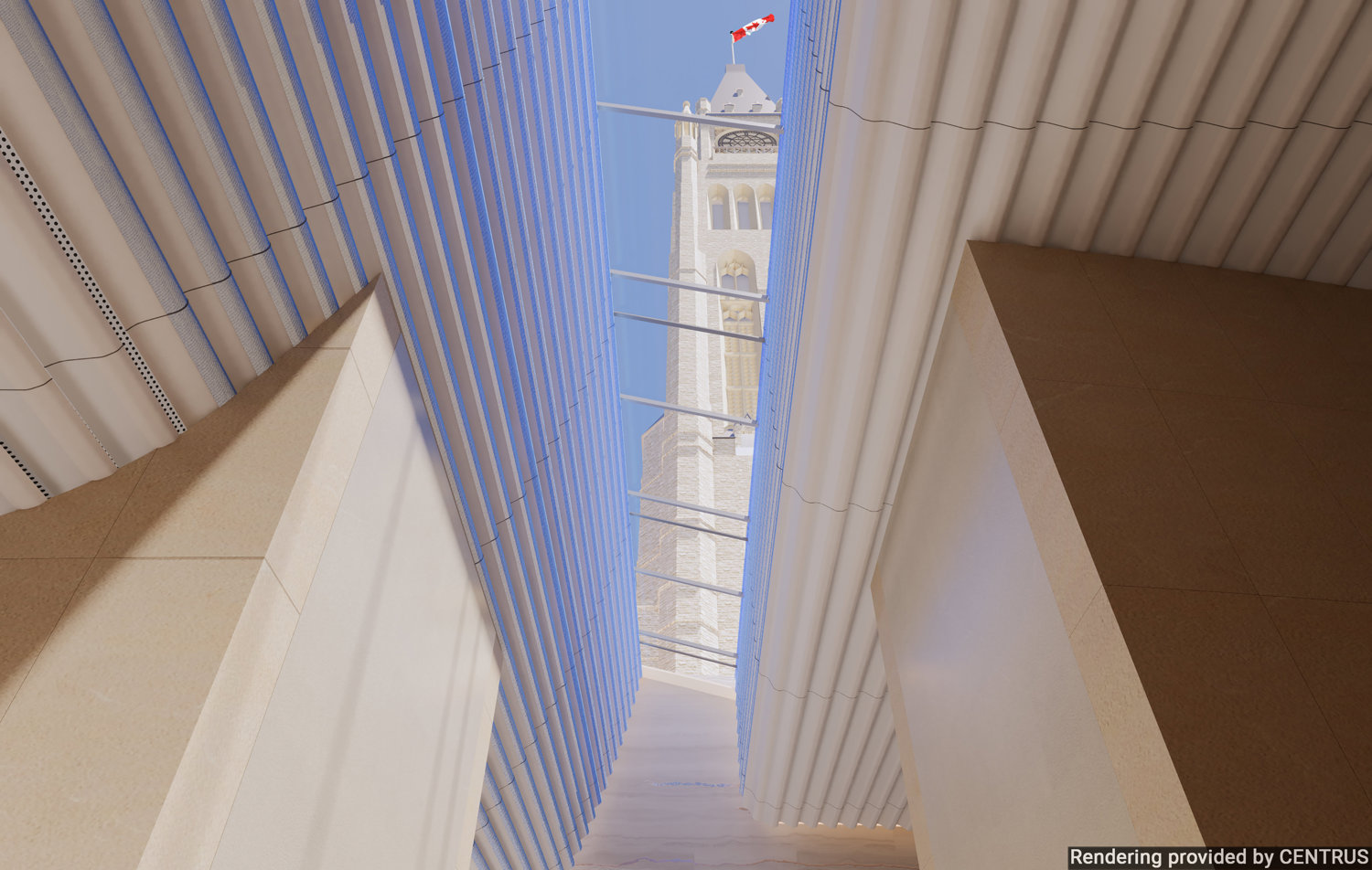 A computer rendering of a view of the Peace Tower, as seen through a skylight from the underground Parliament Welcome Centre.