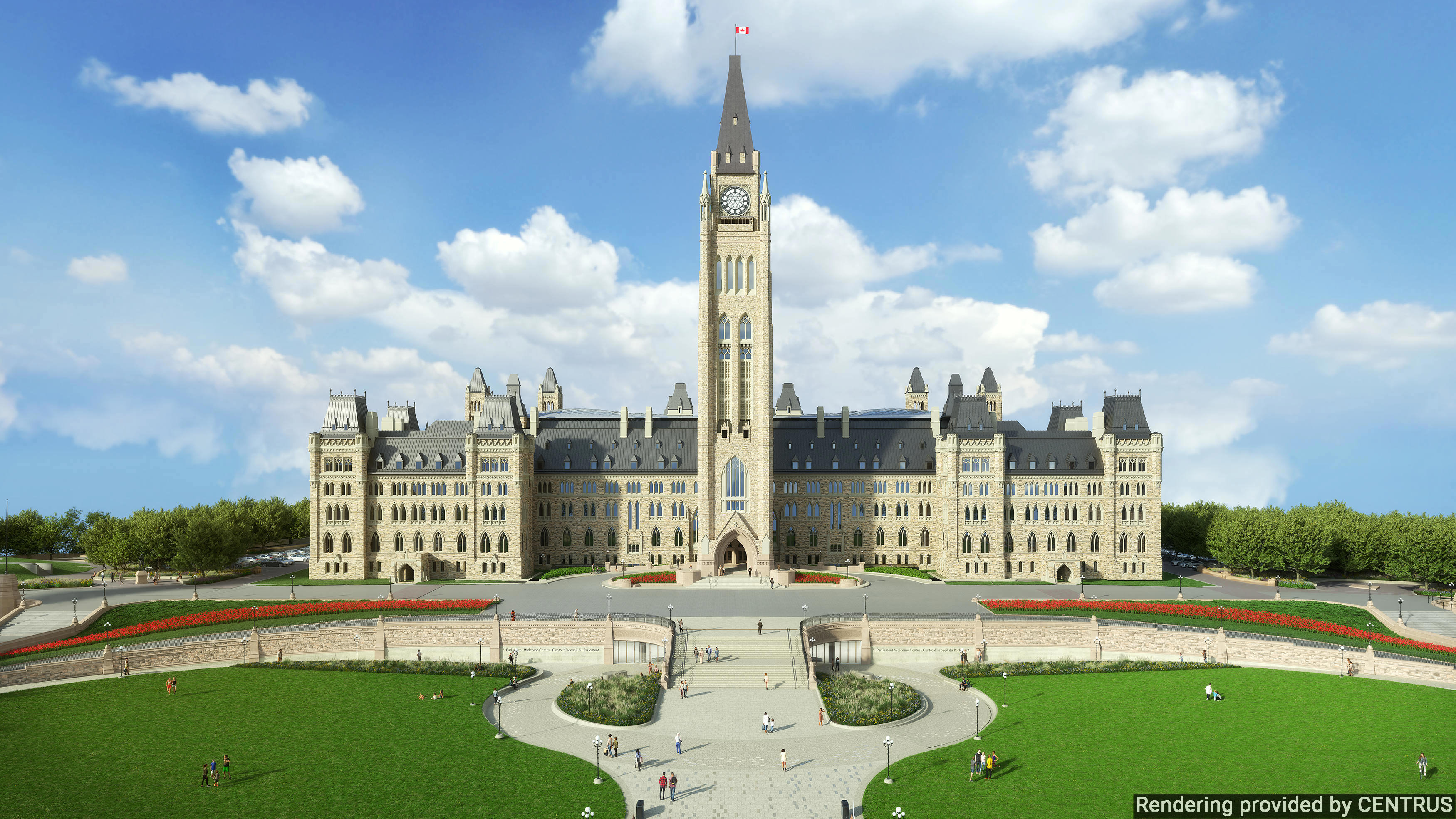 A computer rendering of Centre Block and the updated landscaping in front of it on Parliament Hill.