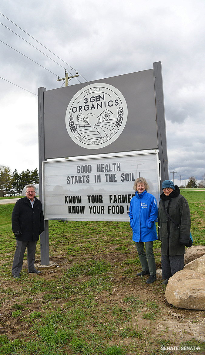 From left, Senator Rob Black, chair of the Senate Committee on Agriculture and Forestry, Senator Pat Duncan and committee deputy chair Senator Paula Simons visited 3Gen Organics, a family-owned farm in Wallenstein, Ontario, where they learned more about organic farming practices.