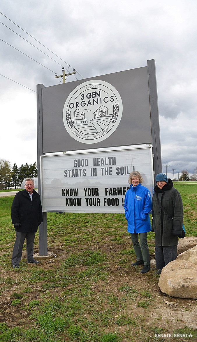 From left, Senator Rob Black, chair of the Senate Committee on Agriculture and Forestry, Senator Pat Duncan and committee deputy chair Senator Paula Simons visited 3Gen Organics, a family-owned farm in Wallenstein, Ontario, where they learned more about organic farming practices.