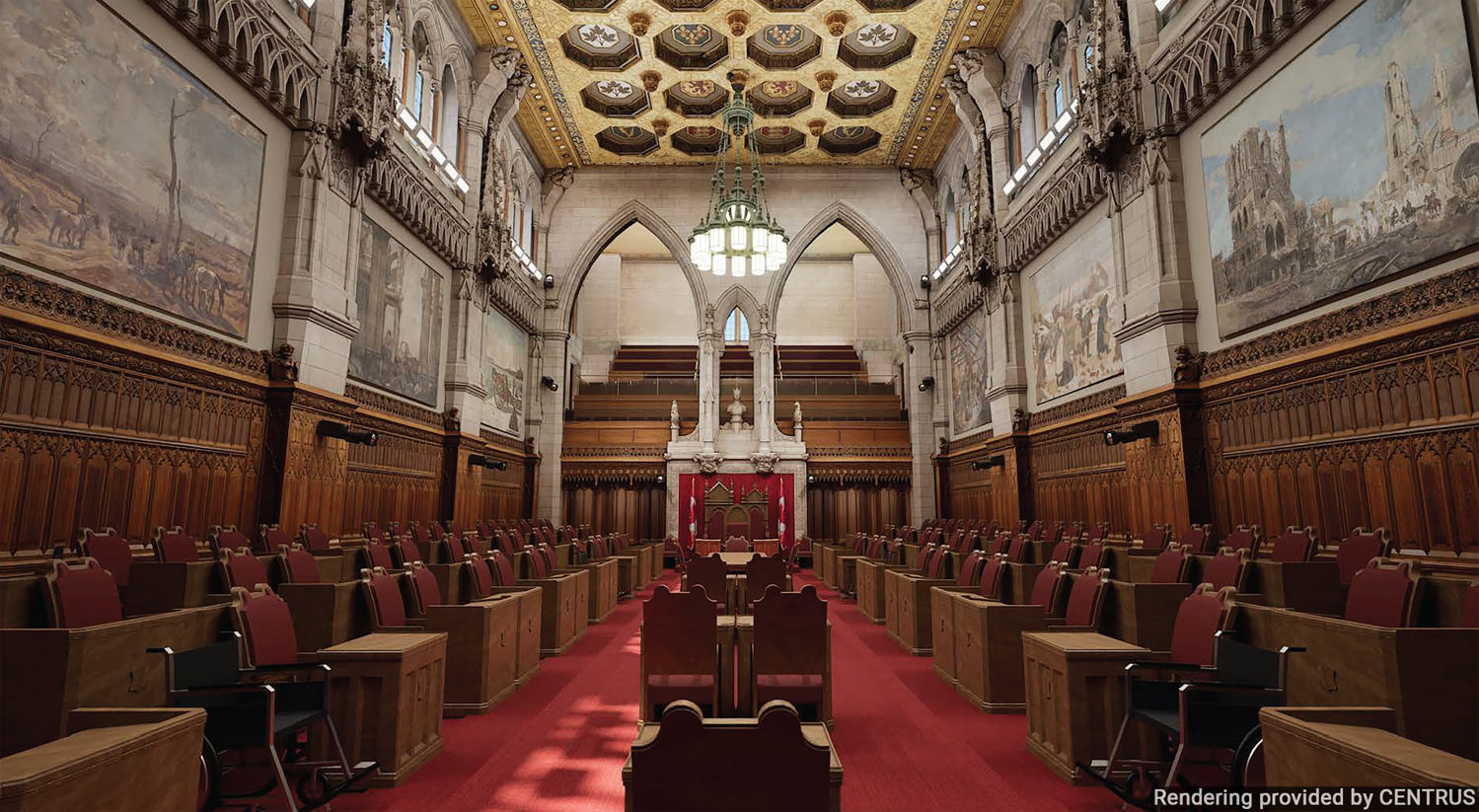 A computer rendering of the rehabilitated Senate Chamber, featuring accessible seating and cameras for broadcasting.