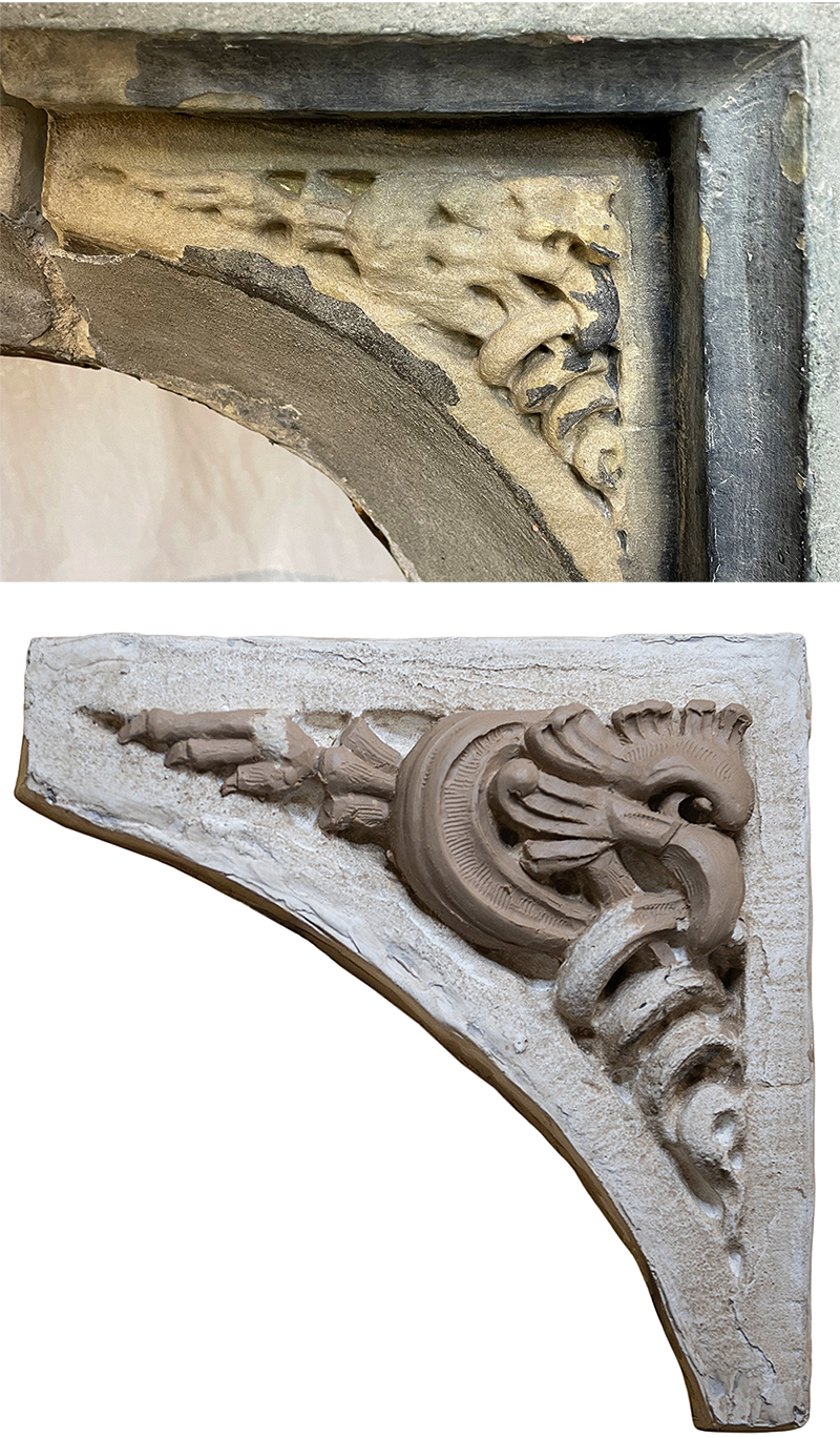 This image of a cockatrice, a two-legged dragon with a rooster's head, comes from Centre Block’s east face. The carving was worn almost beyond recognition. A restored version, bottom, combines clay modelled on top of a plaster cast of the original. (Photo credit: Decorative Arts Studio)