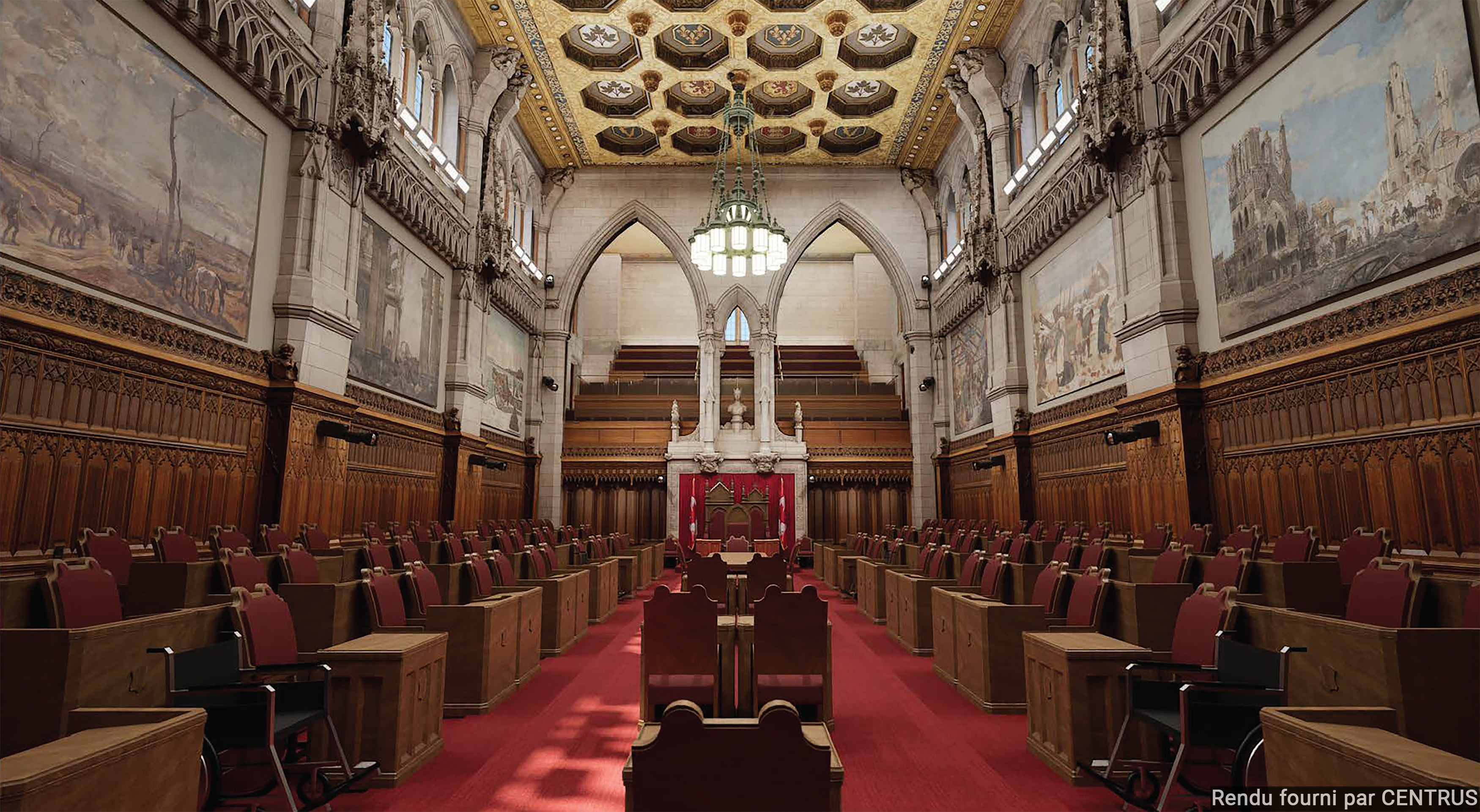 Un rendu informatique de la Chambre du Sénat rénovée, comprenant des sièges accessibles et des caméras destinées à la retransmission.