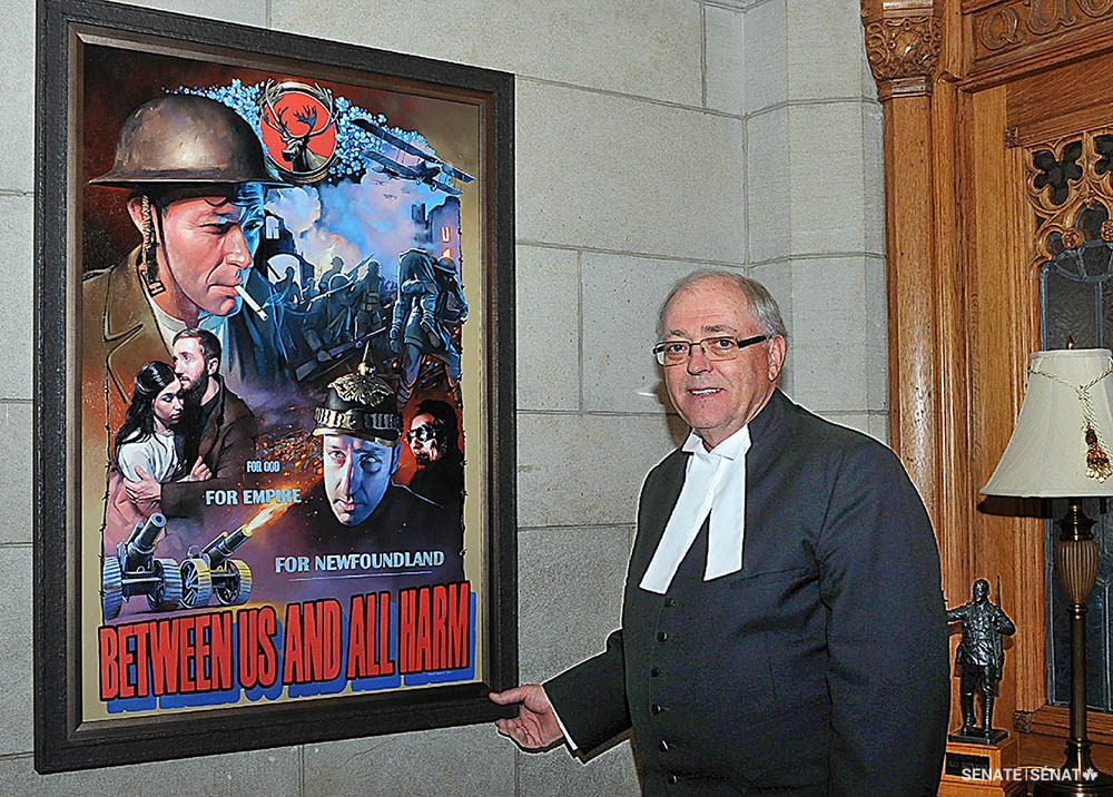 Senate Speaker George J. Furey prominently displayed Mr. Boland’s 2016 painting Between us and all Harm in his office. The painting is on loan to the Senate of Canada by the artist. (Oil on panel. H: 114 cm x W: 81 cm)