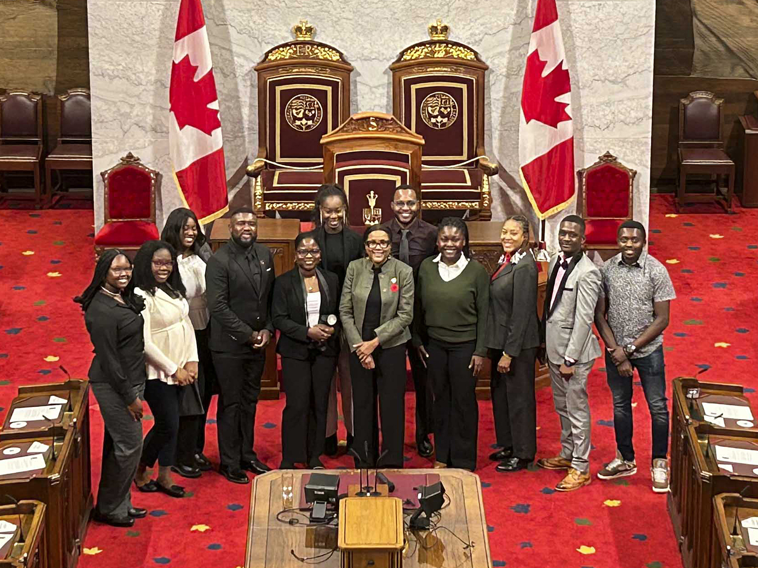 Saturday, November 8, 2025 – Senator Suze Youance, centre, with members of the Club des étudiants haitiens de l’Université d’Ottawa; visit organized by SENgage; Senate of Canada Building, Ottawa, Ontario.
