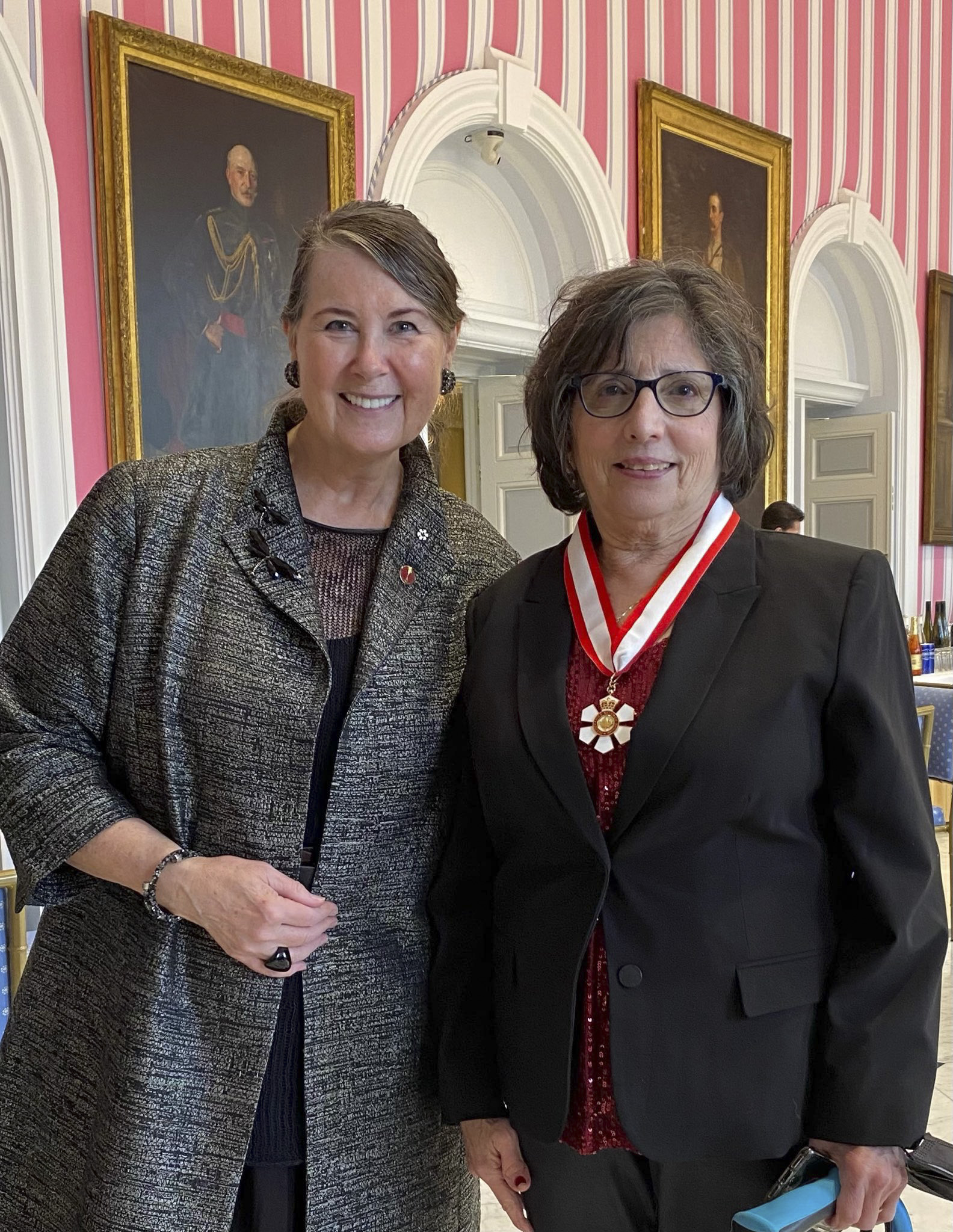 Thursday, December 1, 2022 – Senator Marilou McPhedran, left, attends the Governor General’s Order of Canada Investiture Ceremony at Rideau Hall to support Dr. Cheryl Rockman-Greenberg, right, a Winnipeg-based clinician scientist, university professor and leading Canadian expert in the field of metabolic disorders and genetics research. She also celebrated the induction of UN human rights expert Marcia Kran and former senator Joan Fraser.
