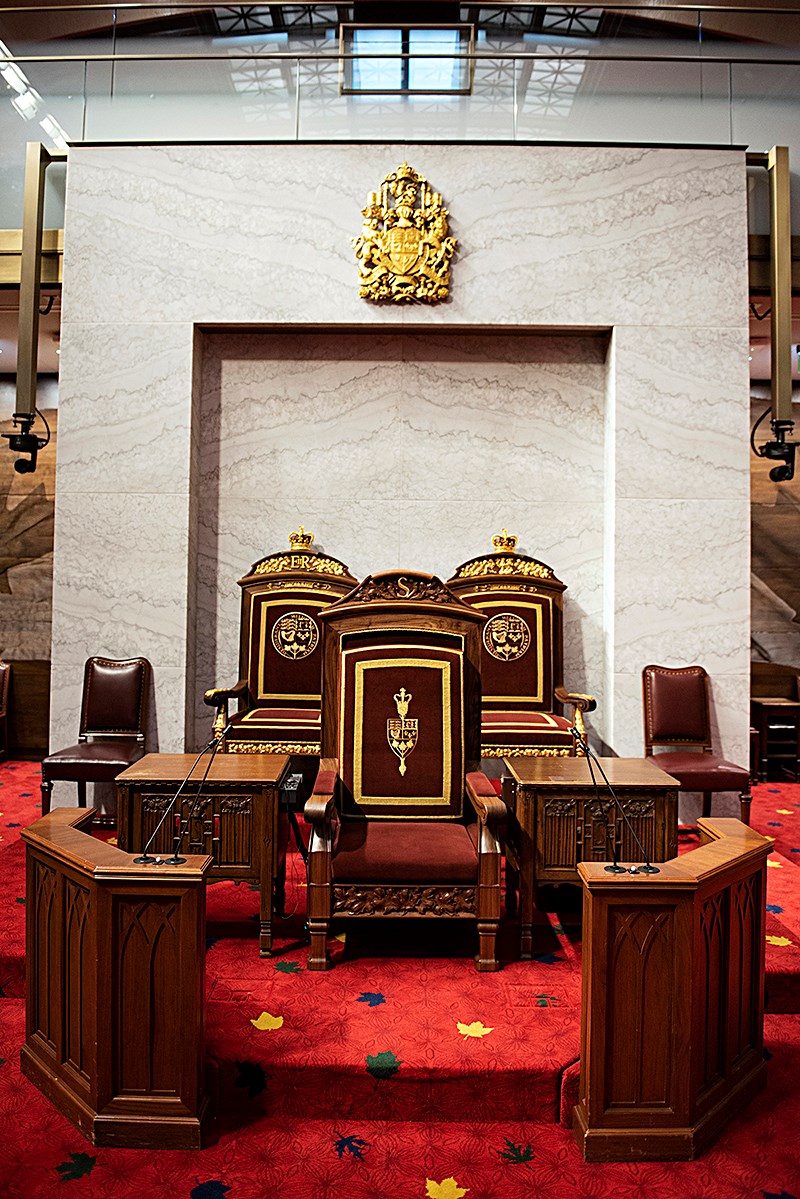 In the Red Chamber in the Senate of Canada Building, the Senate’s temporary home, St. Edward’s Crown appears on the thrones as well as in the arms of Canada.