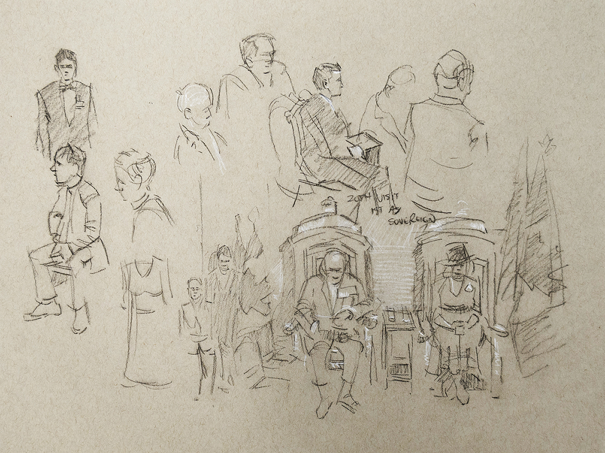 One of Mr. Morrow’s on-the-spot sketches includes figures that appear in the final scene. (Senate Artwork and Heritage Collection)