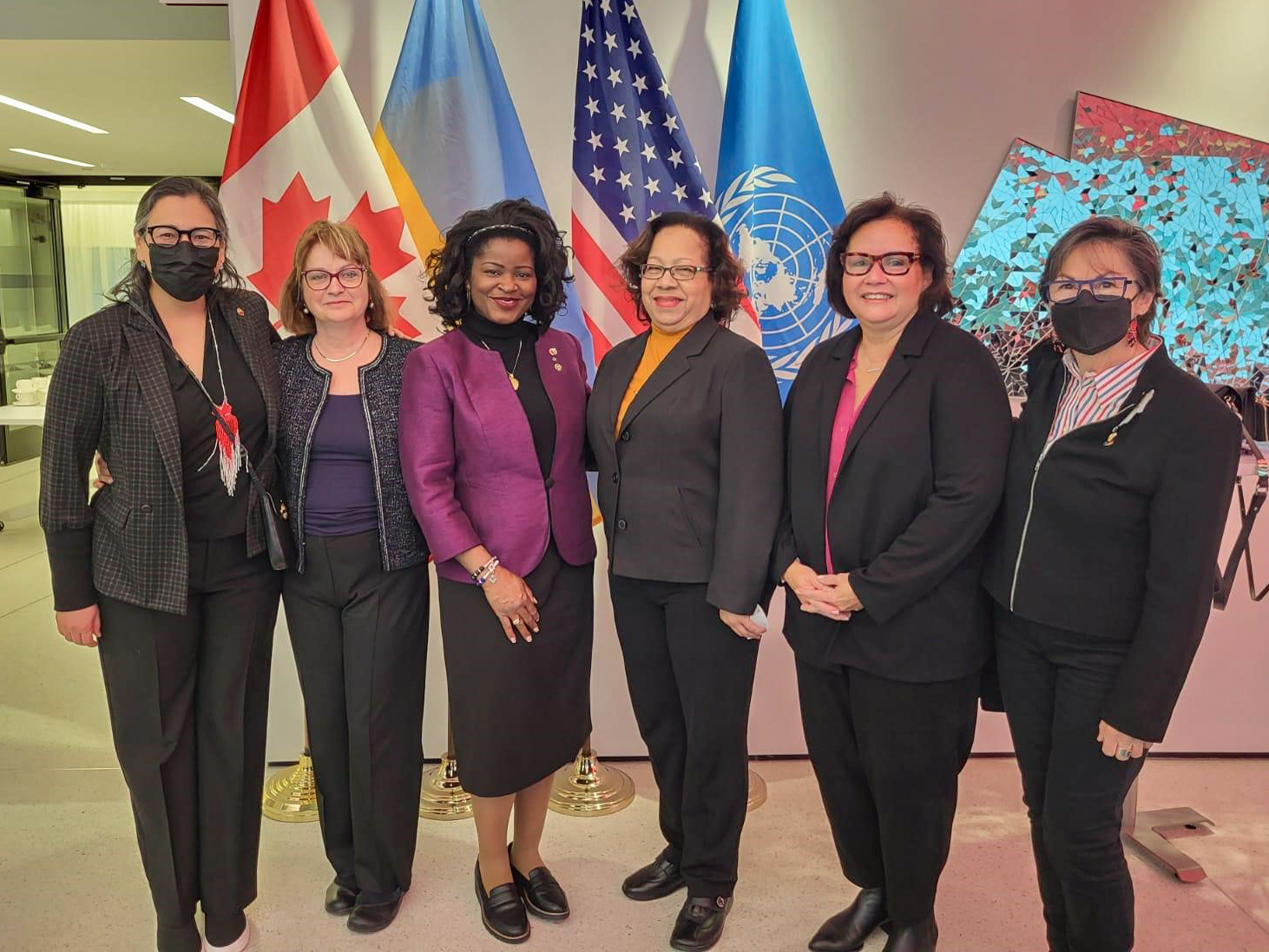 Senators on a parliamentary mission to the United Nations in New York, in March 2023. From left, senators Michèle Audette, Julie Miville-Dechêne, Amina Gerba, Mégie, Rosemary Moodie and Kim Pate. (Photo credit: Office of Senator Marie-Françoise Mégie)