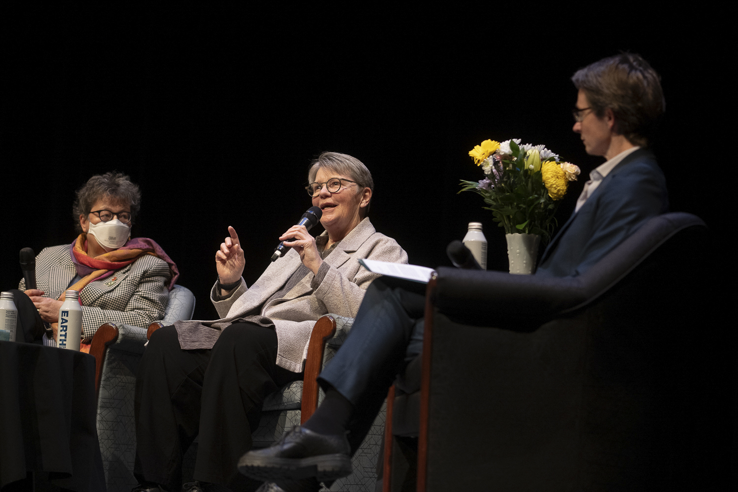 Tuesday, March 11, 2025 – Paula Simons, left, with Justice Julie Lloyd, and Dr. Fiona Kelly, Dean of Law at the University of Alberta; panel discussion about the impact of the historic Vriend Supreme Court decision; University of Alberta, Edmonton, Alberta.