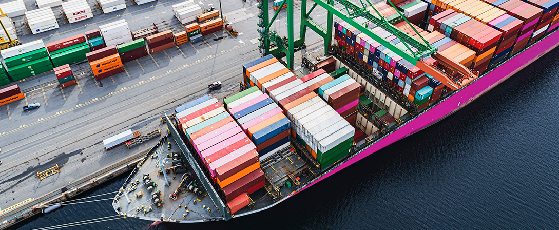 A container ship at a port.