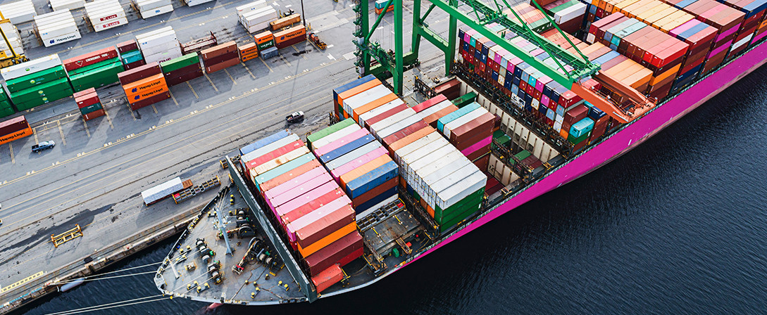 A container ship at a port.