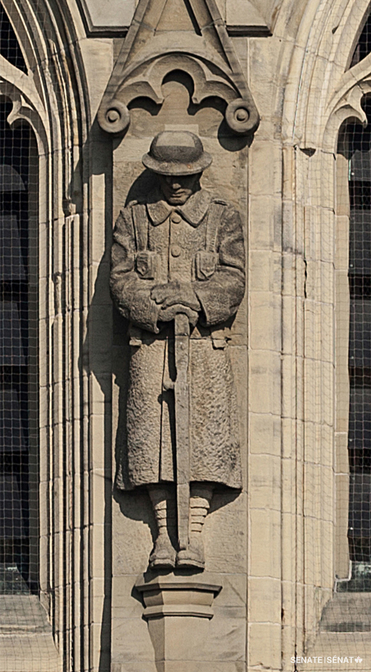A carving halfway up the tower depicts a soldier mourning fallen comrades in a military posture called rest on arms reversed. This figure appears on each of the tower’s four faces.