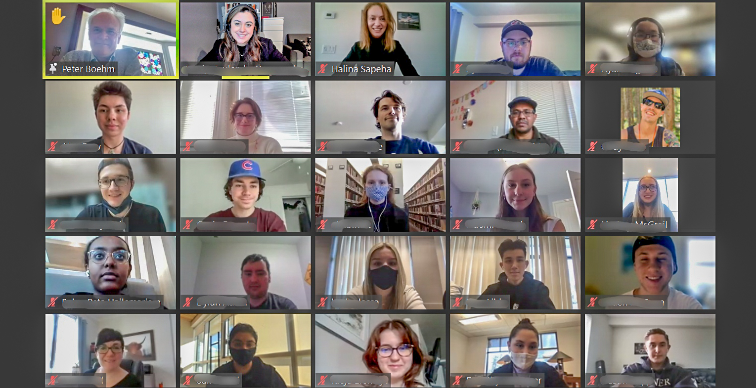 Senator Peter M. Boehm talks about his career path, global affairs and international organizations with students enrolled in an international politics course at the University of British Columbia’s Okanagan Campus