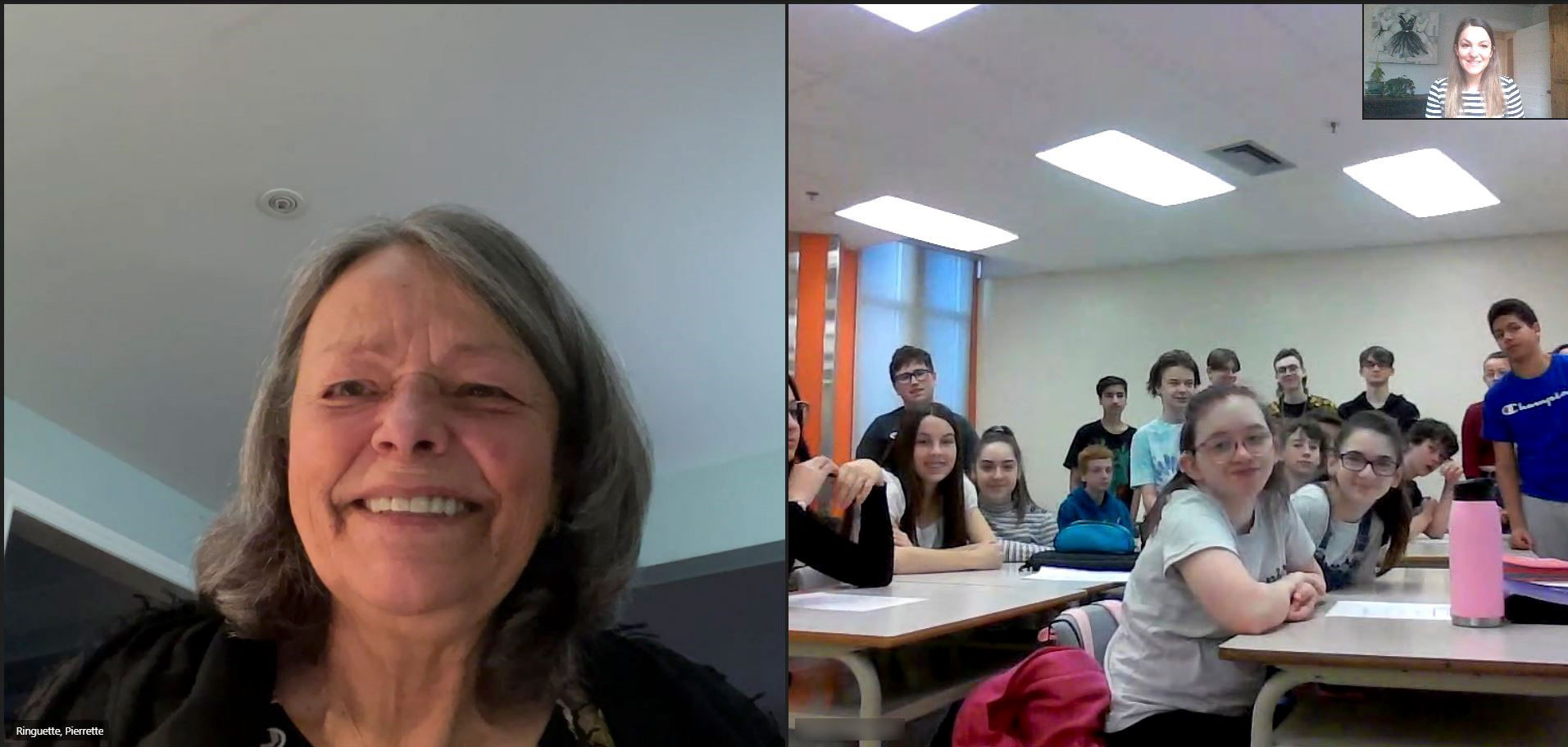 Senator Pierrette Ringuette meets with Grade 9 students at the W.-A. Losier high school, a francophone high school in Tracadie-Sheila, New Brunswick, by videoconference.
