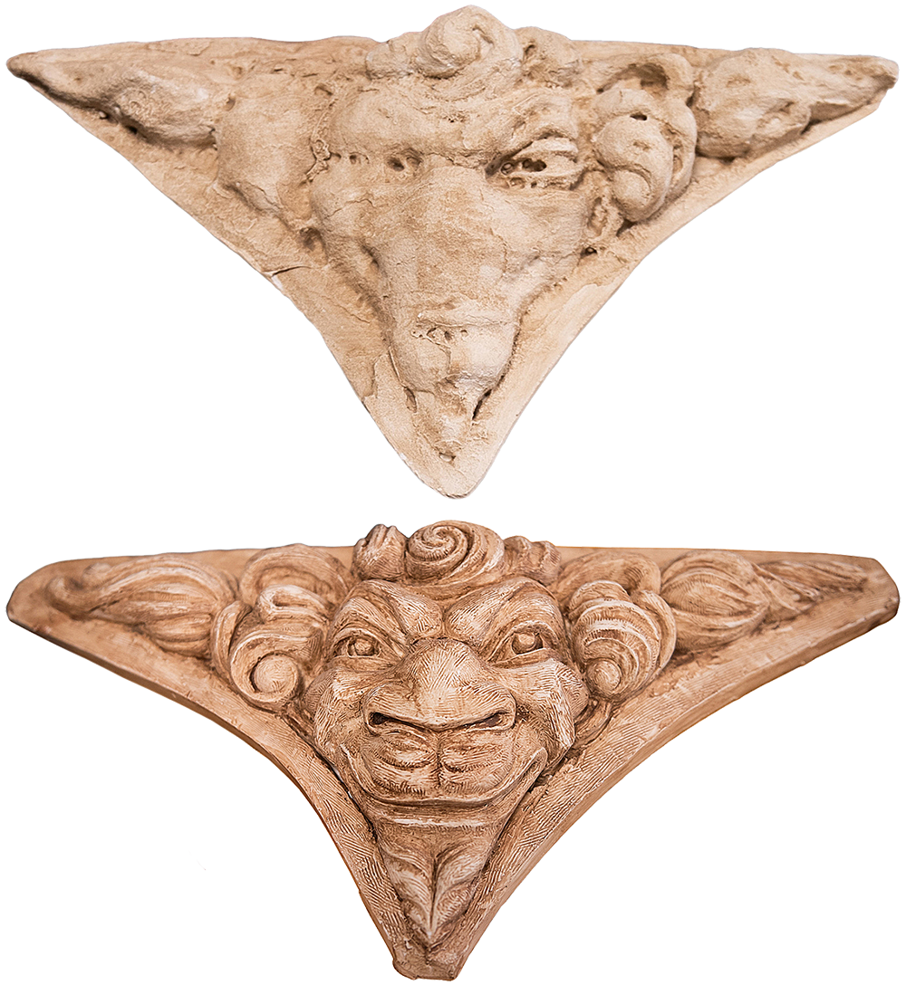 A plaster cast of a goat-like face, top, captures the original carving’s advanced state of deterioration. A cast made after reconstruction, bottom, serves as a template for a final version in sandstone.