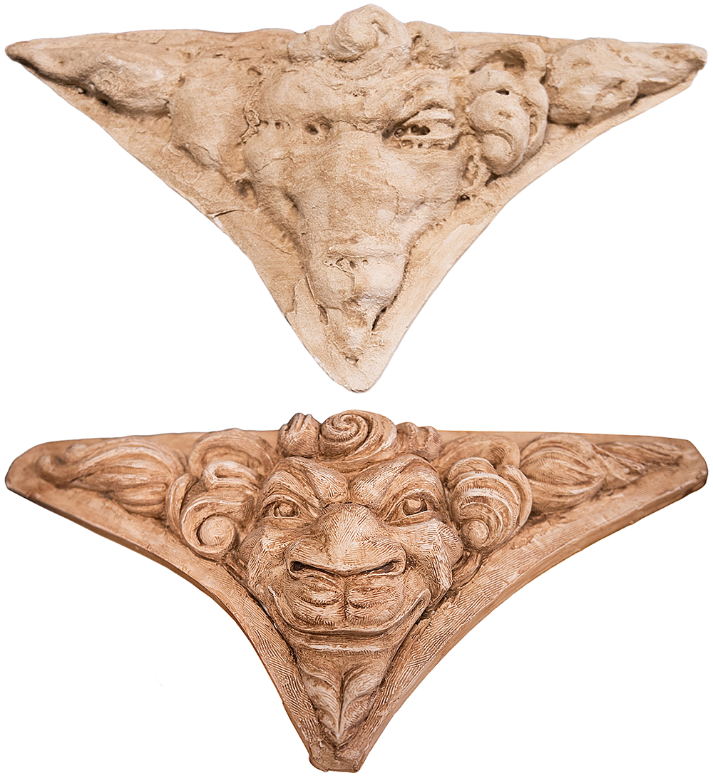 A plaster cast of a goat-like face, top, captures the original carving’s advanced state of deterioration. A cast made after reconstruction, bottom, serves as a template for a final version in sandstone.