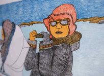 A coloured print depicting a woman holding a camera and wearing a hat, parka and sunglasses, with a northern landscape in the background.