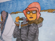A coloured print depicting a woman holding a camera and wearing a hat, parka and sunglasses, with a northern landscape in the background.