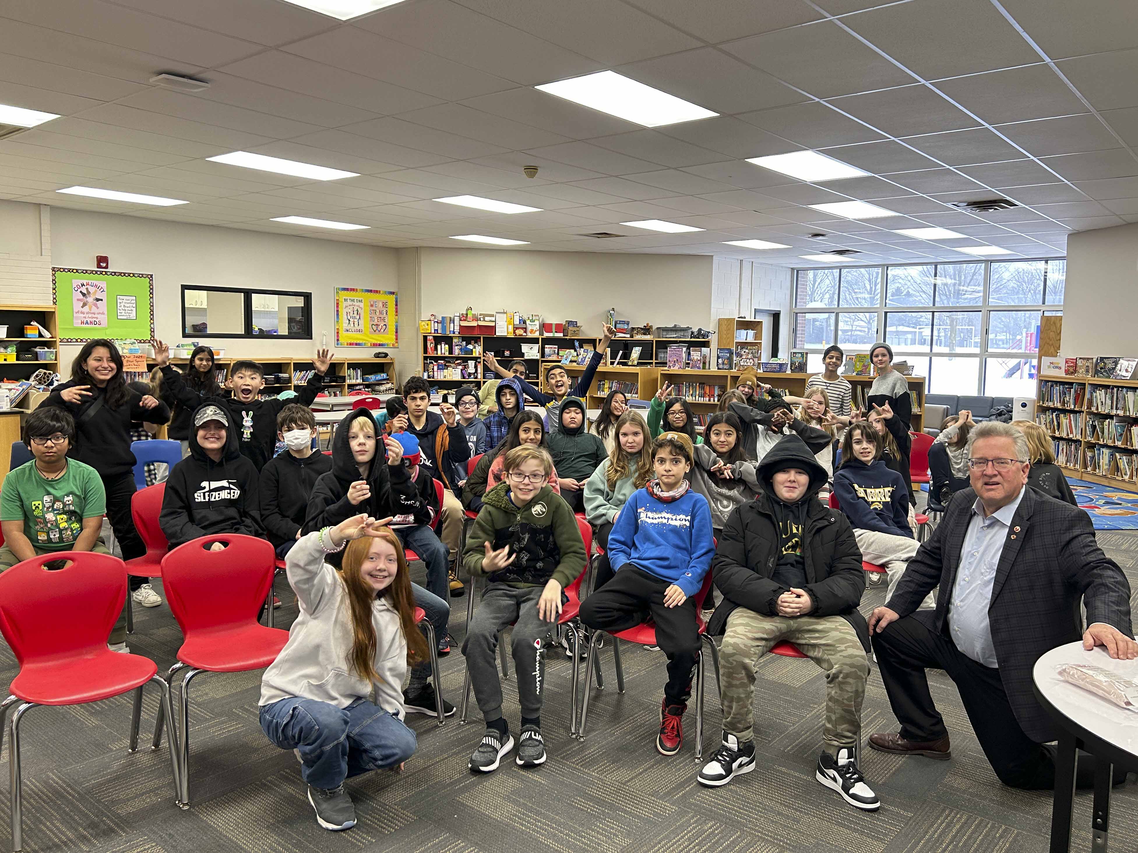 Tuesday, January 16, 2024 – Senator Robert Black, far right; school visit organized by SENgage; Brant Avenue Public School, Guelph, Ontario.