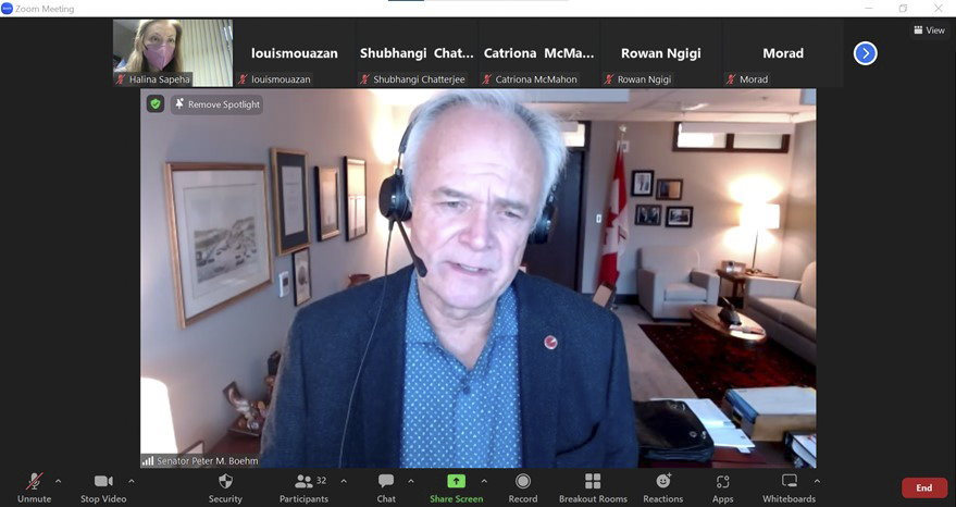Friday, November 25, 2022 – In a session organized by SENgage, Senator Peter Boehm meets virtually with undergraduate students at the University of British Columbia. He discussed his experience as a senator, as well as the important role that international organizations play in global governance.