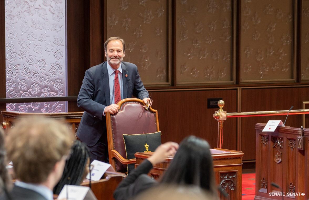 Senator Marc Gold participates in a Q&A session in the Senate Chamber with post-secondary students at Model Senate on May 9, 2025.