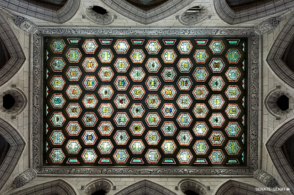 The stained-glass ceiling in Centre Block’s Senate foyer highlights several symbols associated with royalty, including the lion, the unicorn and the red dragon.