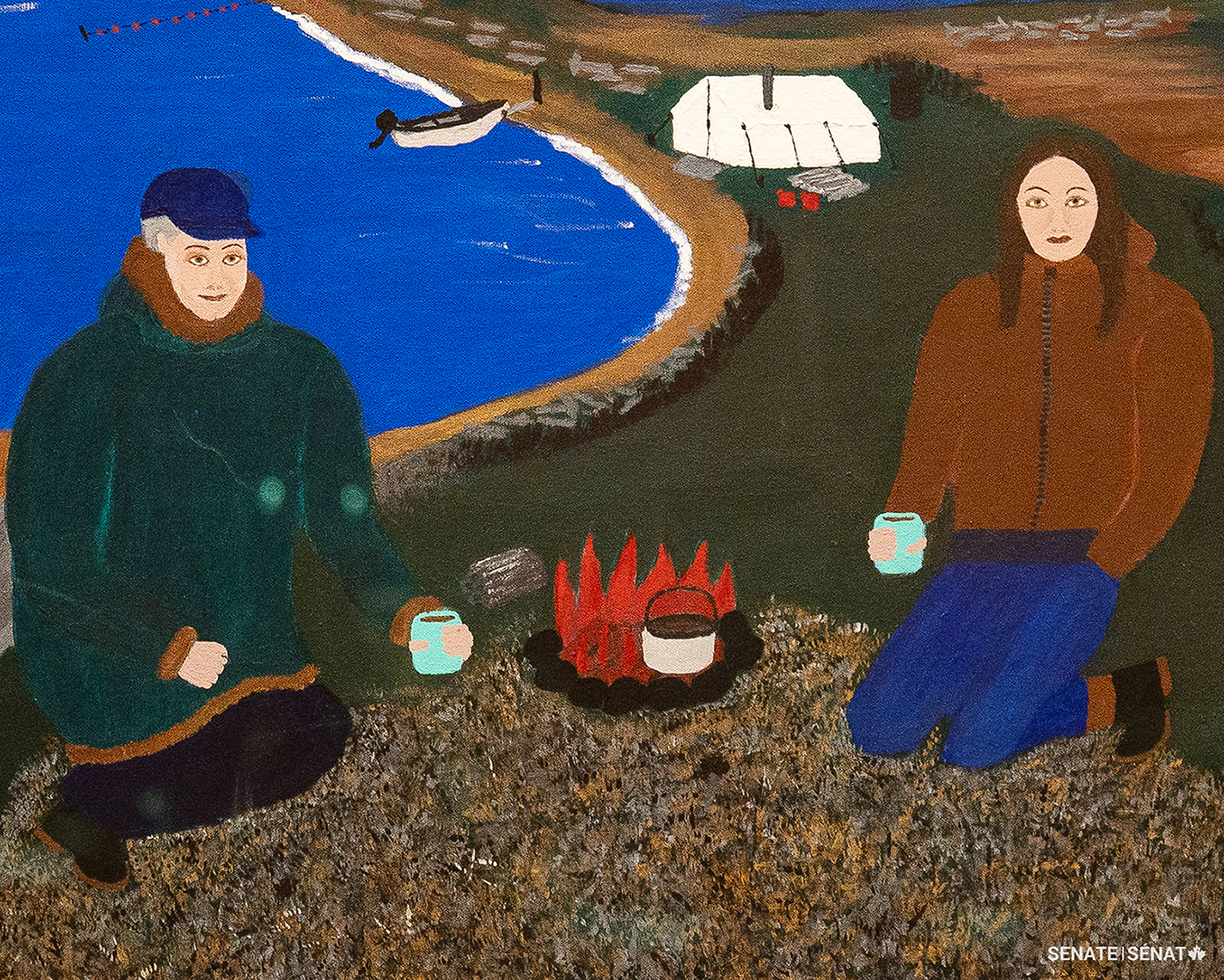 Fall Hunting with Father (2019) is a self-portrait of artist Agnes “Aggi” Ettagiak hunting with her father on Tapqaq Beach near Tuktoyaktuk, an Inuvialuit hamlet on the Arctic coast of the Northwest Territories.