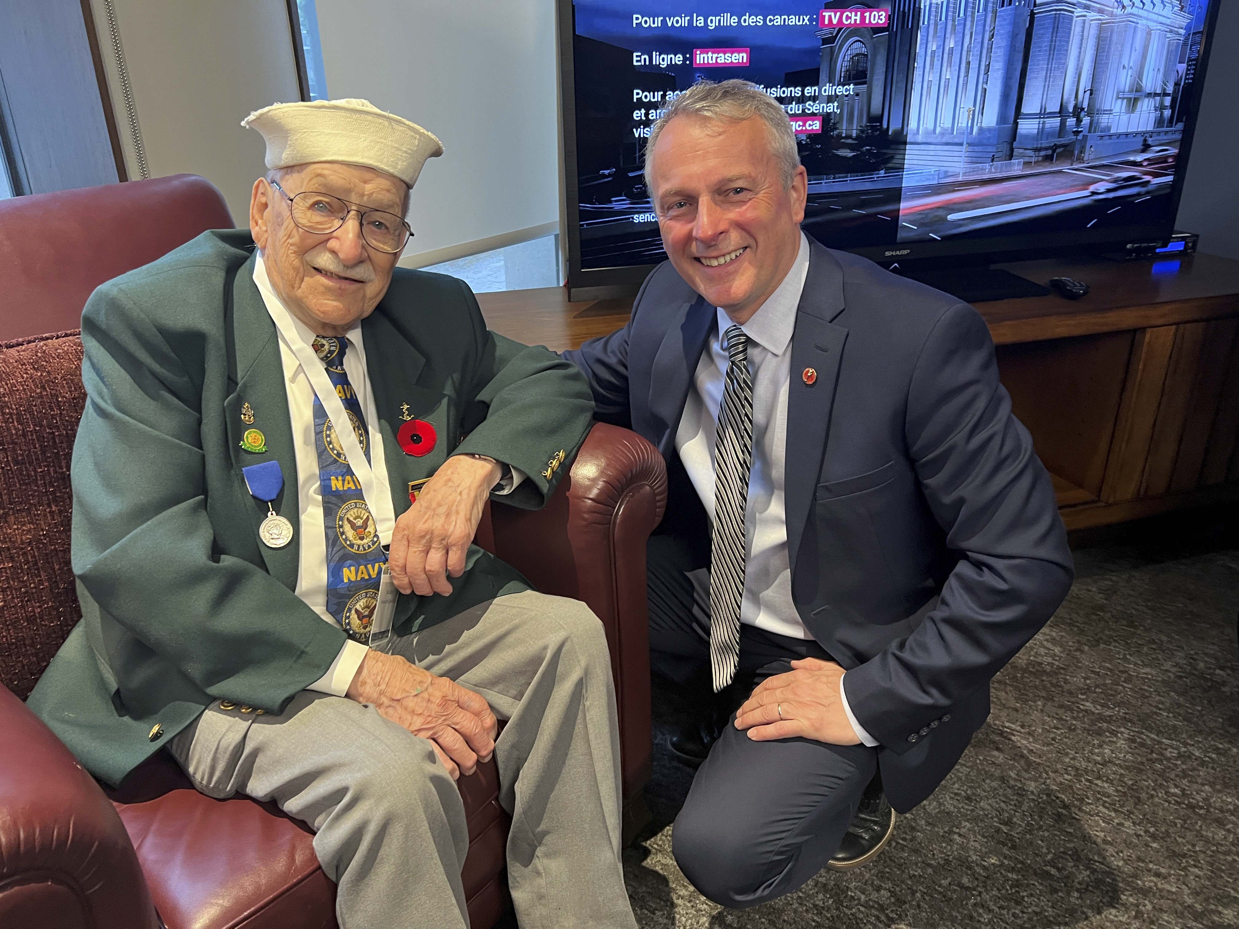 Saturday, June 24, 2023 – Senator David M. Wells with Korean War veteran Ron Zabrok, 3rd class Petty Officer, US Navy; wreath-laying ceremony and dinner reception in commemoration of the 73rd anniversary of the Korean War and the upcoming 70th anniversary of the signing of the Korean War armistice; Senate of Canada Building, Ottawa, Ontario