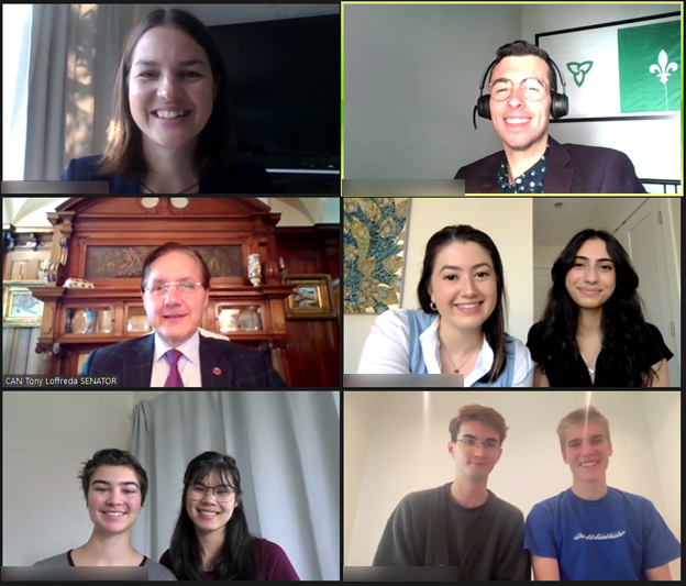 Sunday, October 2, 2022 – In a session organized by SENgage, Senator Tony Loffreda meets with the board of directors for the Conseil jeunesse francophone de la Colombie-Britannique. They spoke about Bill C-13, An Act for the Substantive Equality of Canada’s Official Languages, and the experiences of French-speaking youth in British Columbia.