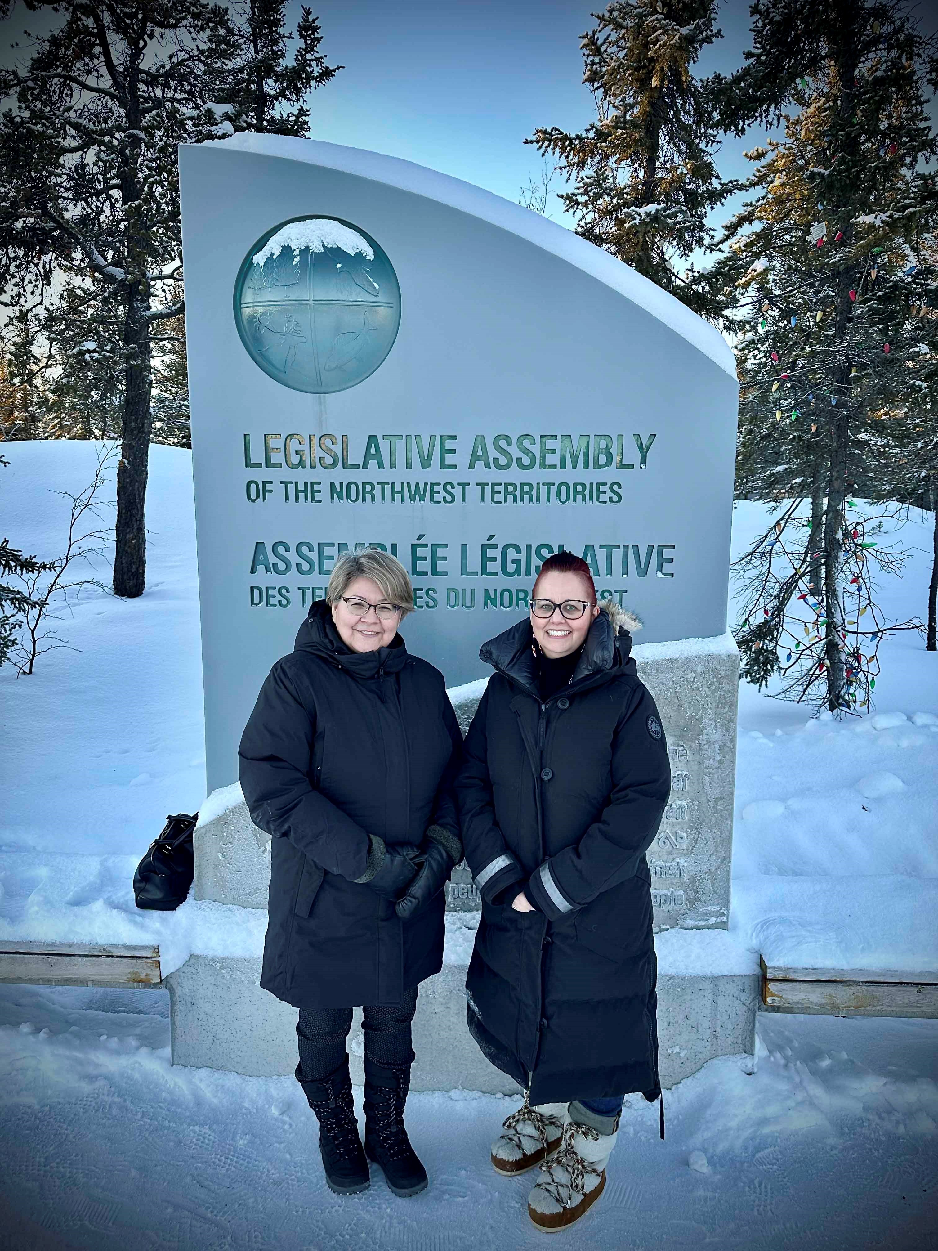 Friday, January 19, 2024 – Senator Dawn Anderson, right, and Minister Lucy Kuptana responsible for Housing and for the Status of Women; meeting with the new minister to understand her portfolio and build a relationship; Legislative Assembly of the Northwest Territories, Yellowknife, Northwest Territories.