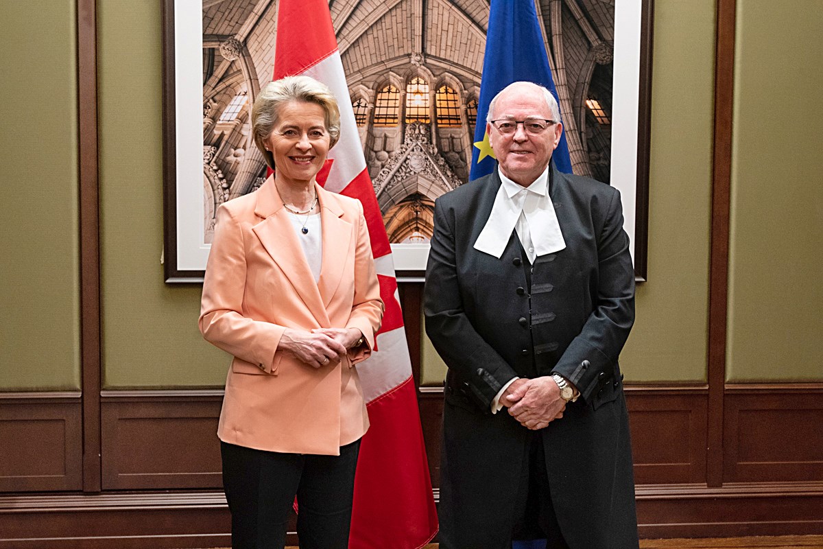 European Commission President Ursula von der Leyen and Speaker of the Senate George J. Furey, K.C., share a moment before she gave an address to senators and members of the House of Commons on Tuesday, March 7, 2023. (Photo credit: House of Commons)