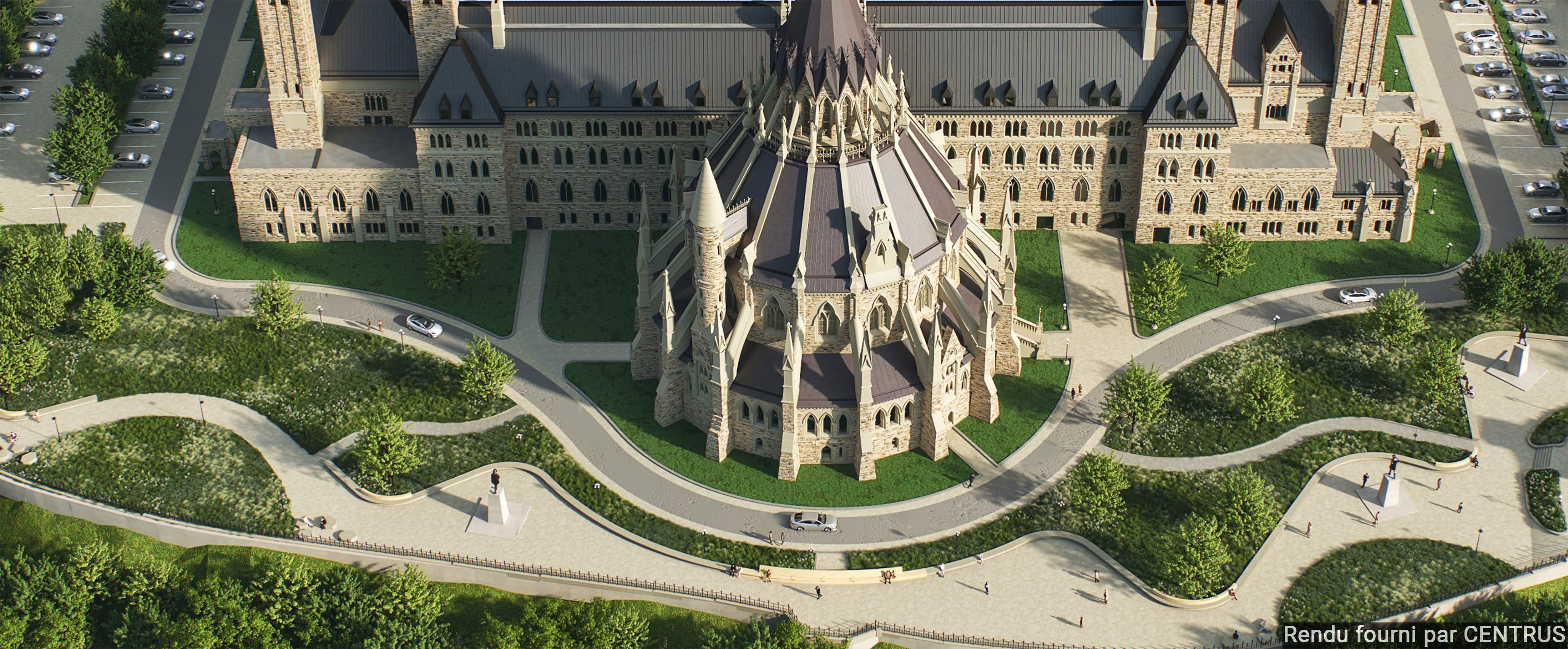 Un rendu informatique du nouvel aménagement paysager derrière l’édifice du Centre et la Bibliothèque du Parlement, vue du ciel.