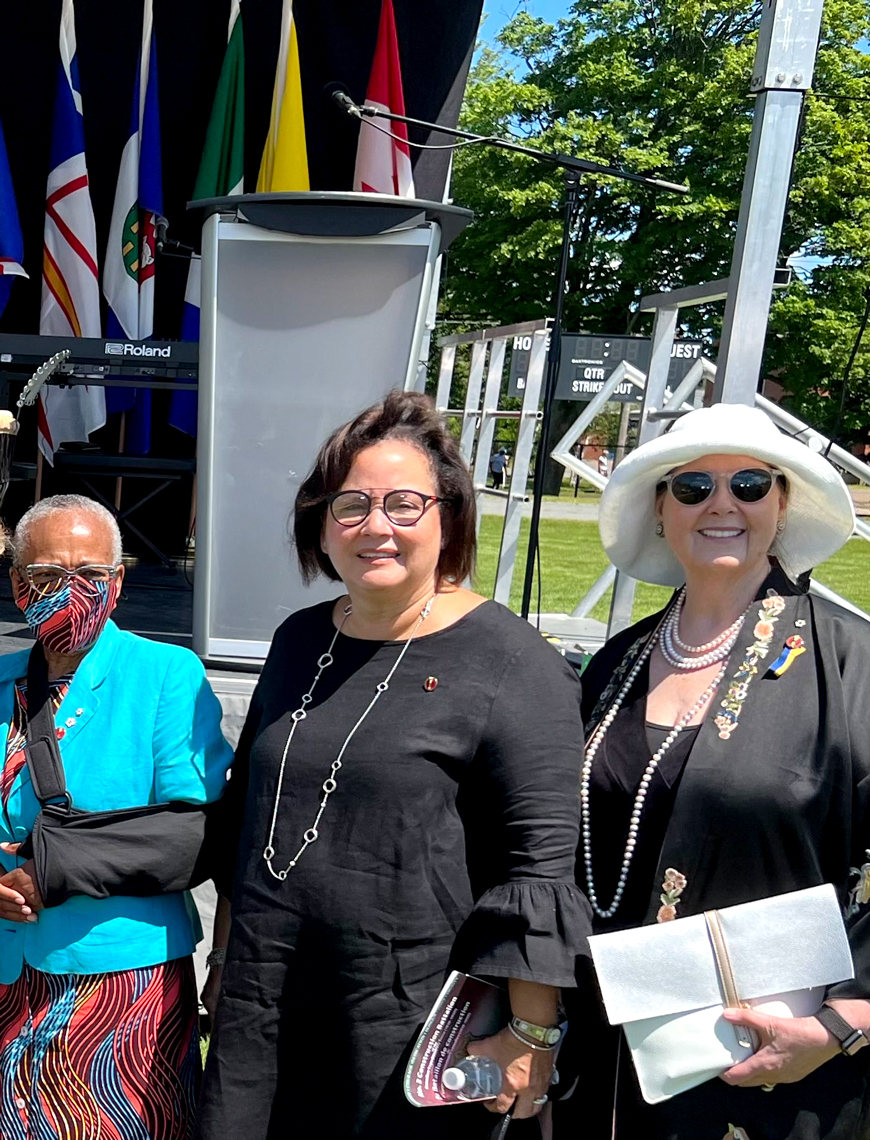 Saturday, July 9, 2022 – Senators Wanda Thomas Bernard, Rosemary Moodie and Marilou McPhedran (left to right) are pictured in Truro, Nova Scotia, for Prime Minister Justin Trudeau’s National Apology to the No. 2 Construction Battalion, a segregated Black military unit formed in 1916. The senators appreciated taking a moment to remember the battalion’s sacrifice as an important part of history.