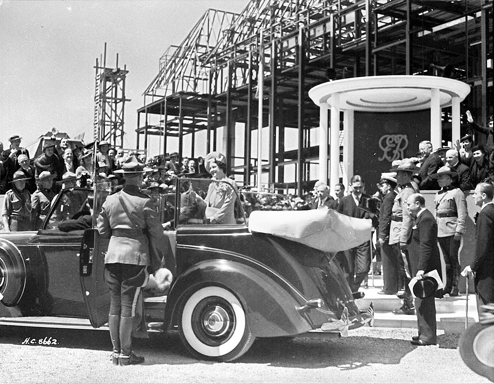 King George VI’s consort, Queen Elizabeth — later known as the Queen Mother — arrives to lay the cornerstone as construction begins on the Supreme Court building in 1939. (Photo credit: Library and Archives Canada)