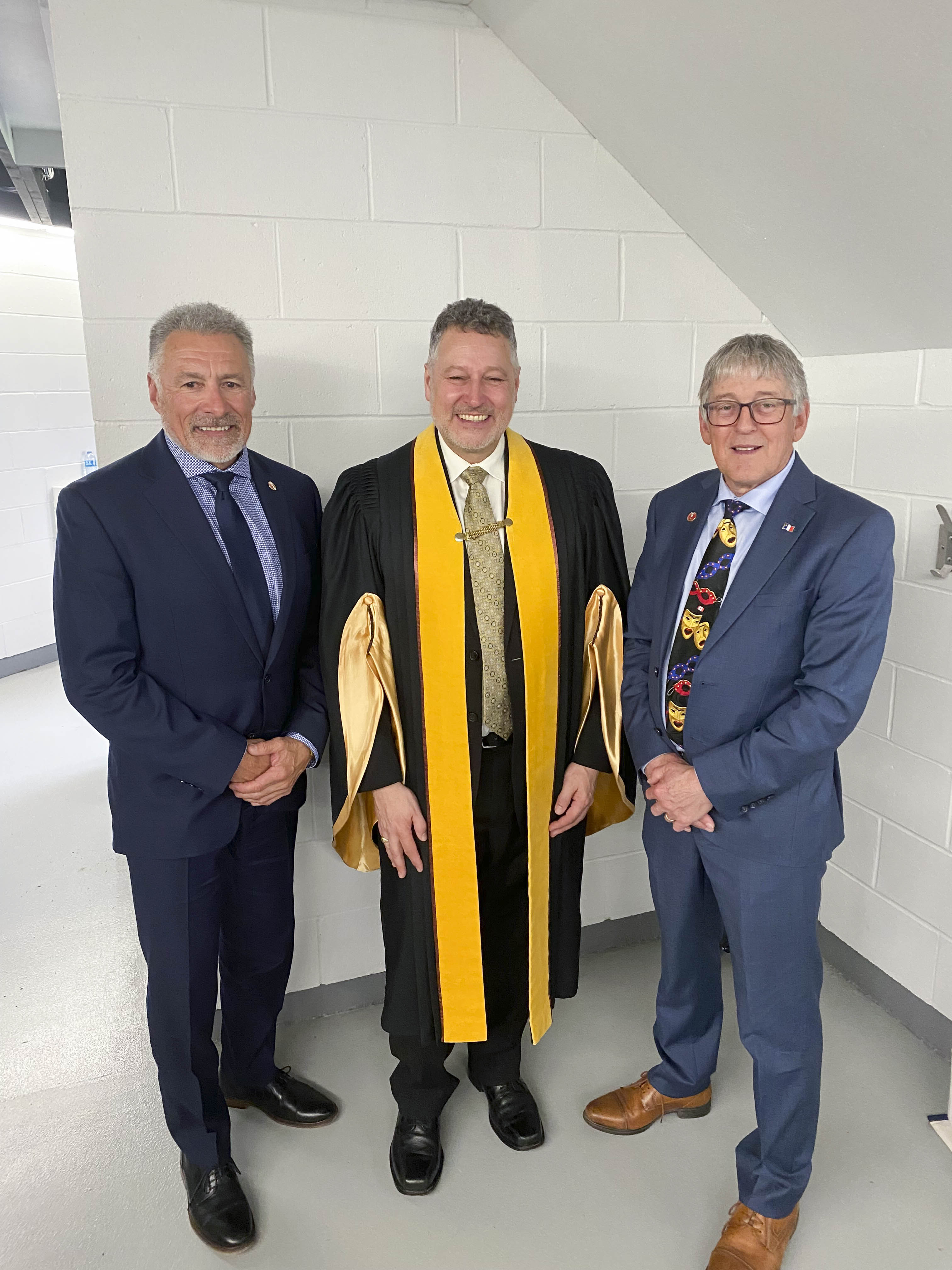 Saturday, May 10, 2025 – Senator Allister Surette, left, Kenneth Deveau, centre, and Senator Réjean Aucoin, right; installation ceremony of Kenneth Deveau as the new President and Vice-Chancellor of Université Sainte-Anne; Université Sainte-Anne, Pointe-de-l’Église, Nova Scotia.