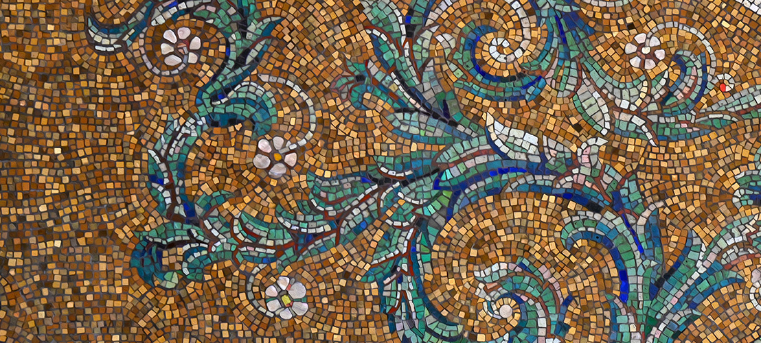 Colorful mosaic artwork with floral and vine patterns in shades of gold, green, blue, and white.