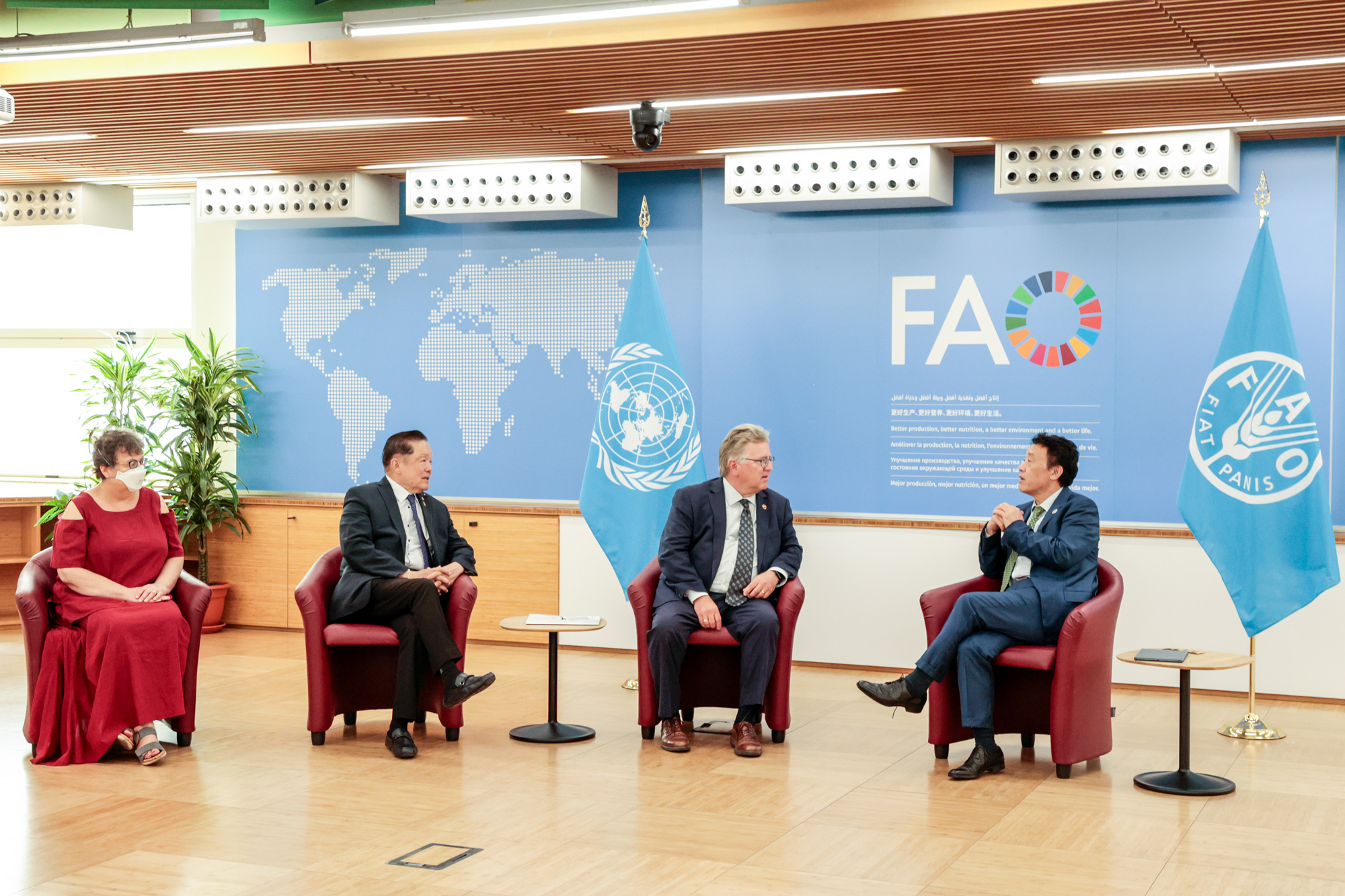 Thursday, July 13, 2023 – From left to right: senators Paula Simons, Victor Oh, and Robert Black – members of the Standing Senate Committee on Agriculture and Forestry – and Dr. Qu Dongyu, Director General of the United Nation’s Food and Agriculture Organization; 11th Plenary Assembly of the Global Soil Partnership on sustainable soil management; Rome, Italy; photo credit: FAO/Pier Paolo Cito, Giuseppe Carotenuto