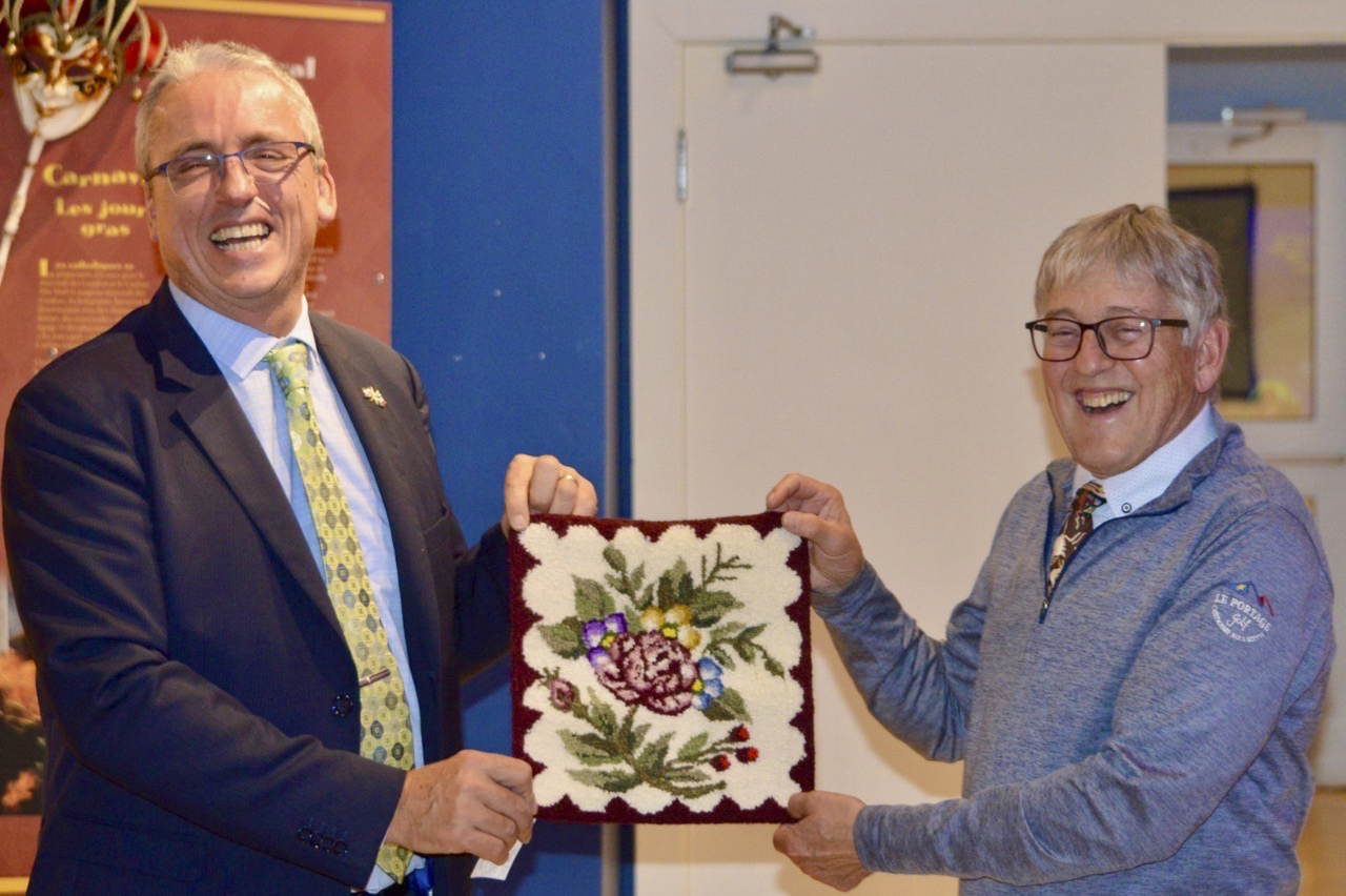 Wednesday, October 22, 2025 – Senator Réjean Aucoin, right; official visit of the Consul of France for the Atlantic Provinces; Mi-Carême Museum, Chéticamp, Nova Scotia.