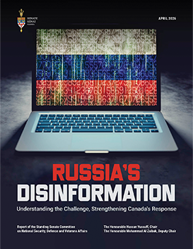 An open laptop with rows of numbers and code overlaid on horizontal bands of white, blue, and red, resembling the Russian flag with the words: April 2026 Russia's Disinformation: Understanding the Challenge, Strengthening Canada's Response Report of the Standing Senate Committee on National Security, Defence and Veterans Affairs The Honourable Hassan Yussuff, Chair The Honourable Mohammad Al Zaibak, Deputy Chair