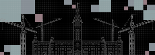 Une élévation de façade en traits blancs représentant l’édifice du Centre sur la Colline du Parlement, entouré de quatre grues à tour, sur un fond noir de plan d’architecte.