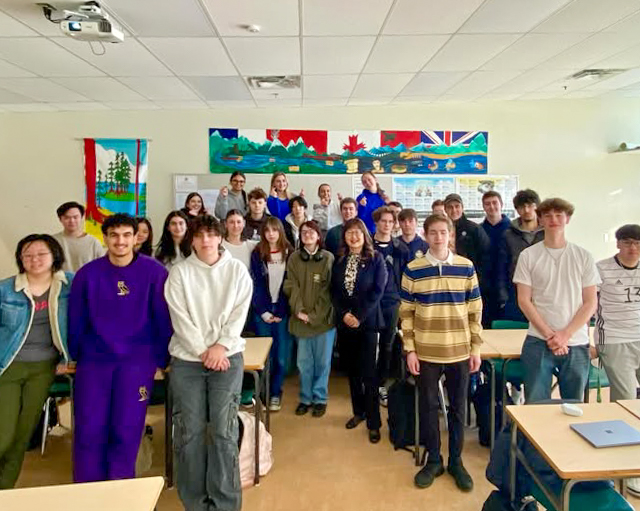 Wednesday, February 12, 2025 – Senator Yonah Martin, centre; school visit; Heritage Woods Secondary School, Port Moody, British Columbia.