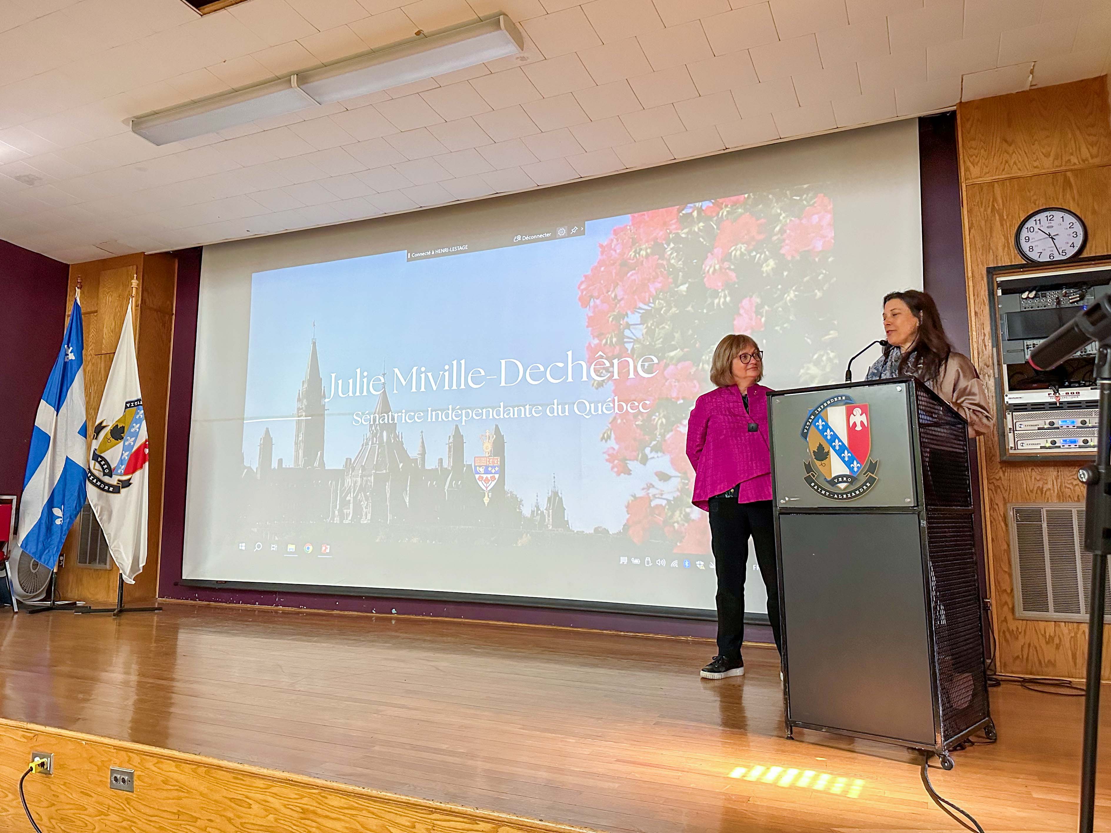 Friday, February 28, 2025 – Senator Julie Miville-Dechêne, left, with Kathleen Lacasse, teacher; visit coordinated by SENgage; Collège Saint-Alexandre de la Gatineau, Gatineau, Québec, Canada.