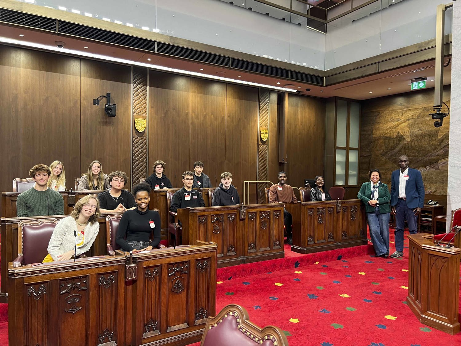 Friday, November 21, 2025 – Senator Bernadette Clement with students and a teacher from École secondaire catholique Pierre-Savard; visit coordinated by SENgage; Senate of Canada Building, Ottawa, Ontario.