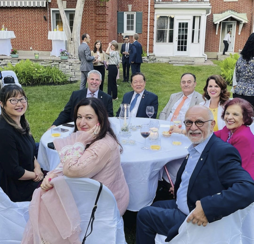 Monday, June 19, 2023 – From left to right in the foreground, senators Yonah Martin, Salma Ataullahjan, Mohamed-Iqbal Ravalia, Mobina S.B. Jaffer and second from left in the back Victor Oh; Canada-Pakistan Parliamentary Friendship Group BBQ hosted by the High Commissioner for Pakistan in Canada; Pakistan House, Ottawa, Ontario